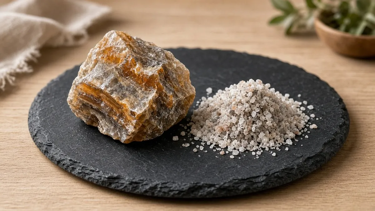 Amber-veined rock chunk and ground salt on slate.