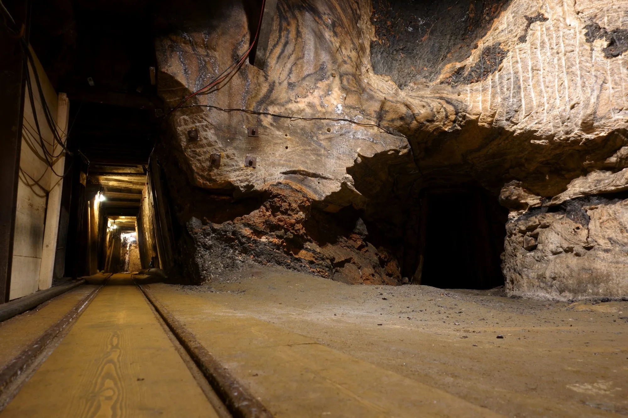 Mine gallery with rails in the Altaussee salt mine.