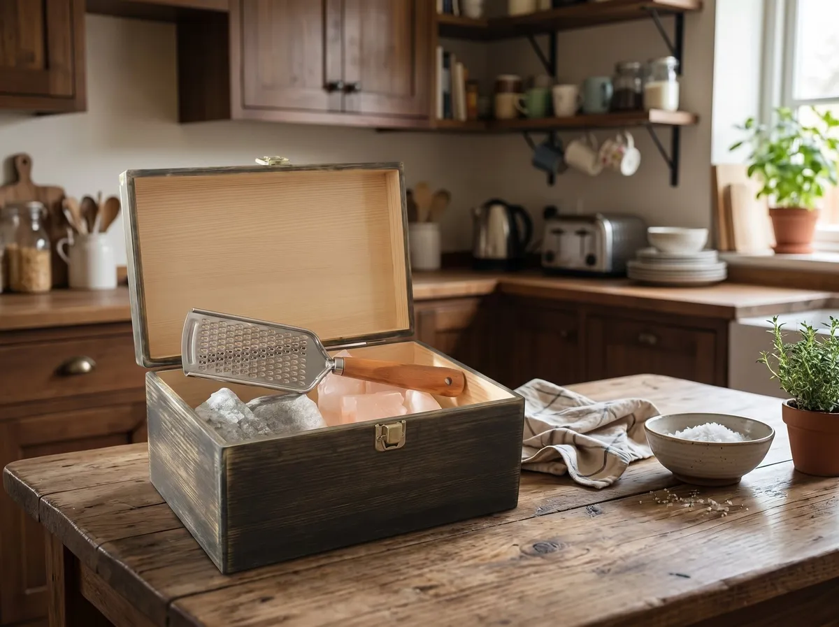 Open box with blank pale-wood inner lid, grater resting on pale salt chunks, on a farmhouse table.