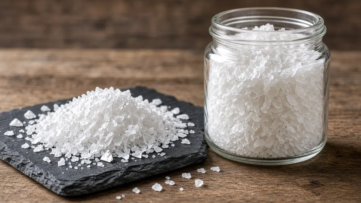 Flake salt on dark slate, cropped to show only the crystals.