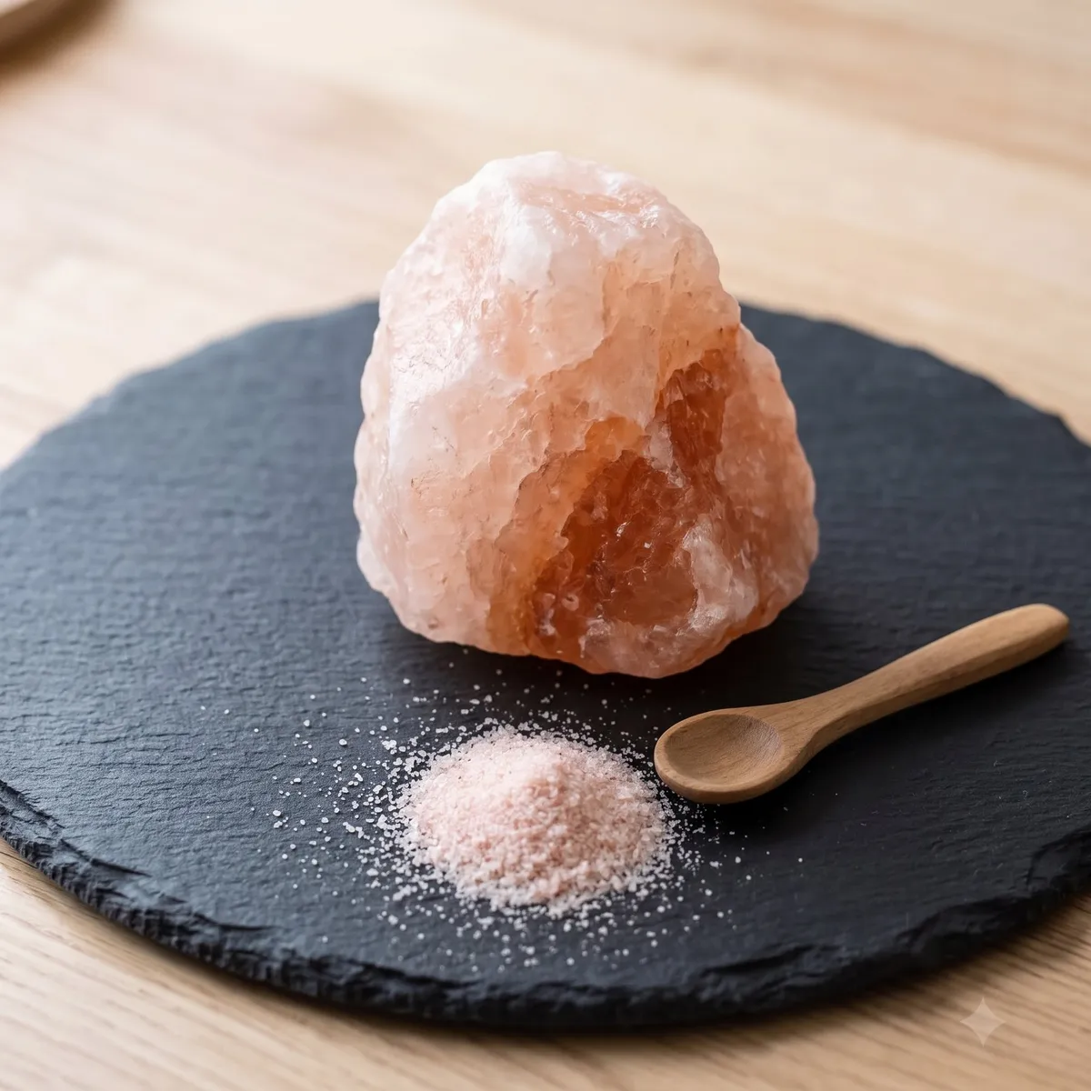 Pink rock salt chunk, pink ground salt and wooden spoon on round slate.