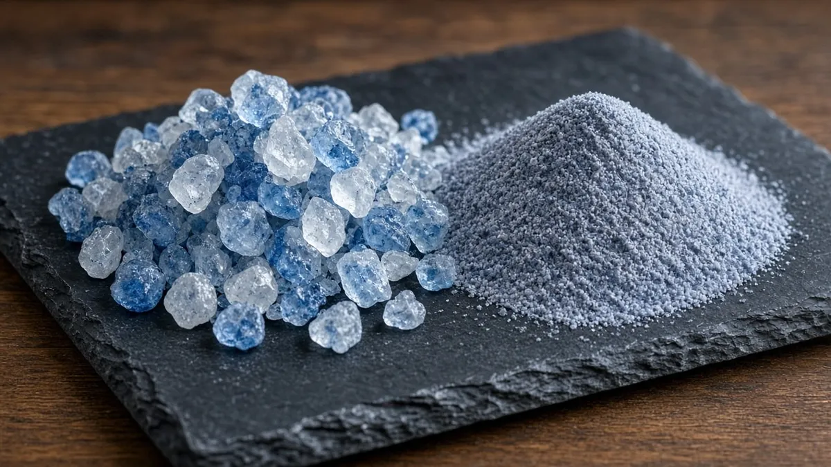 Blue-flecked salt crystals and fine salt on dark slate.