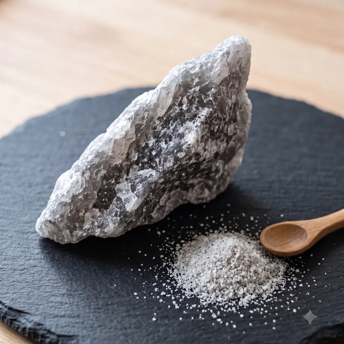 Grey rock salt shard, ground salt and wooden spoon on round slate.