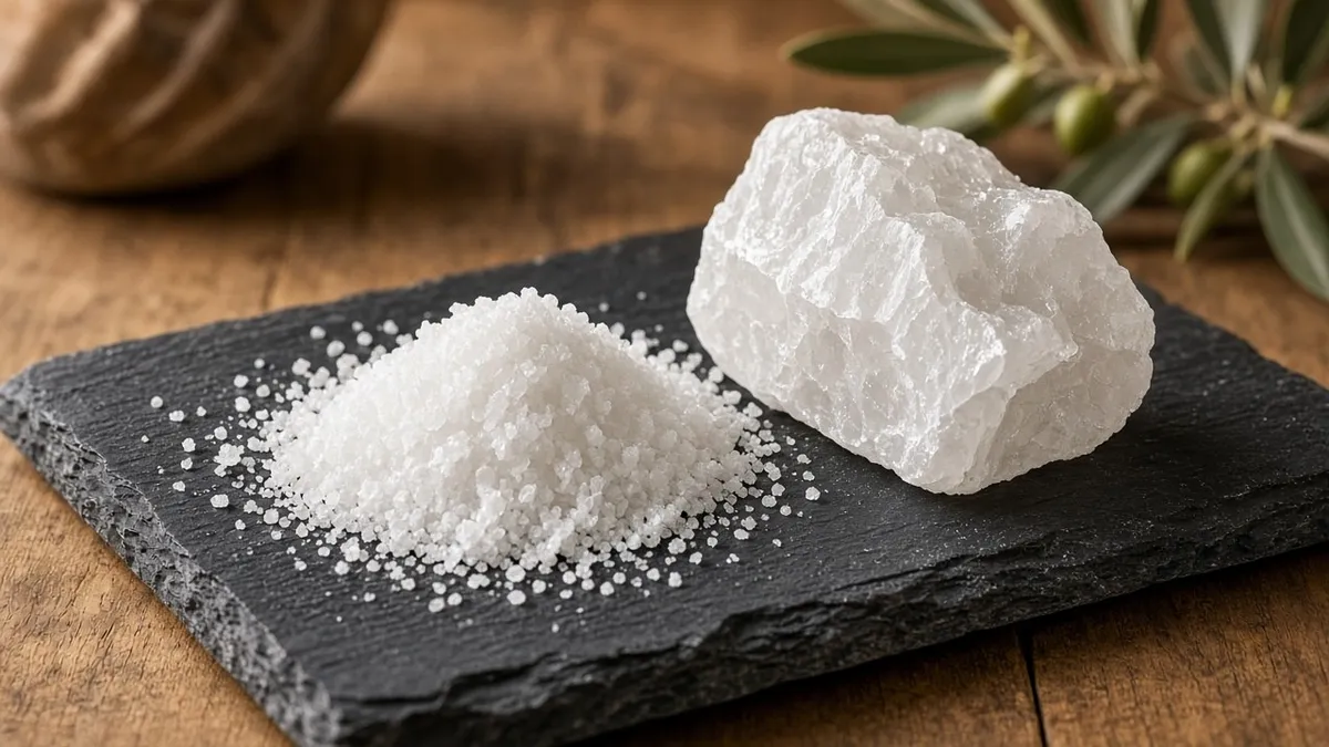 White rock salt chunk and fine salt on slate.