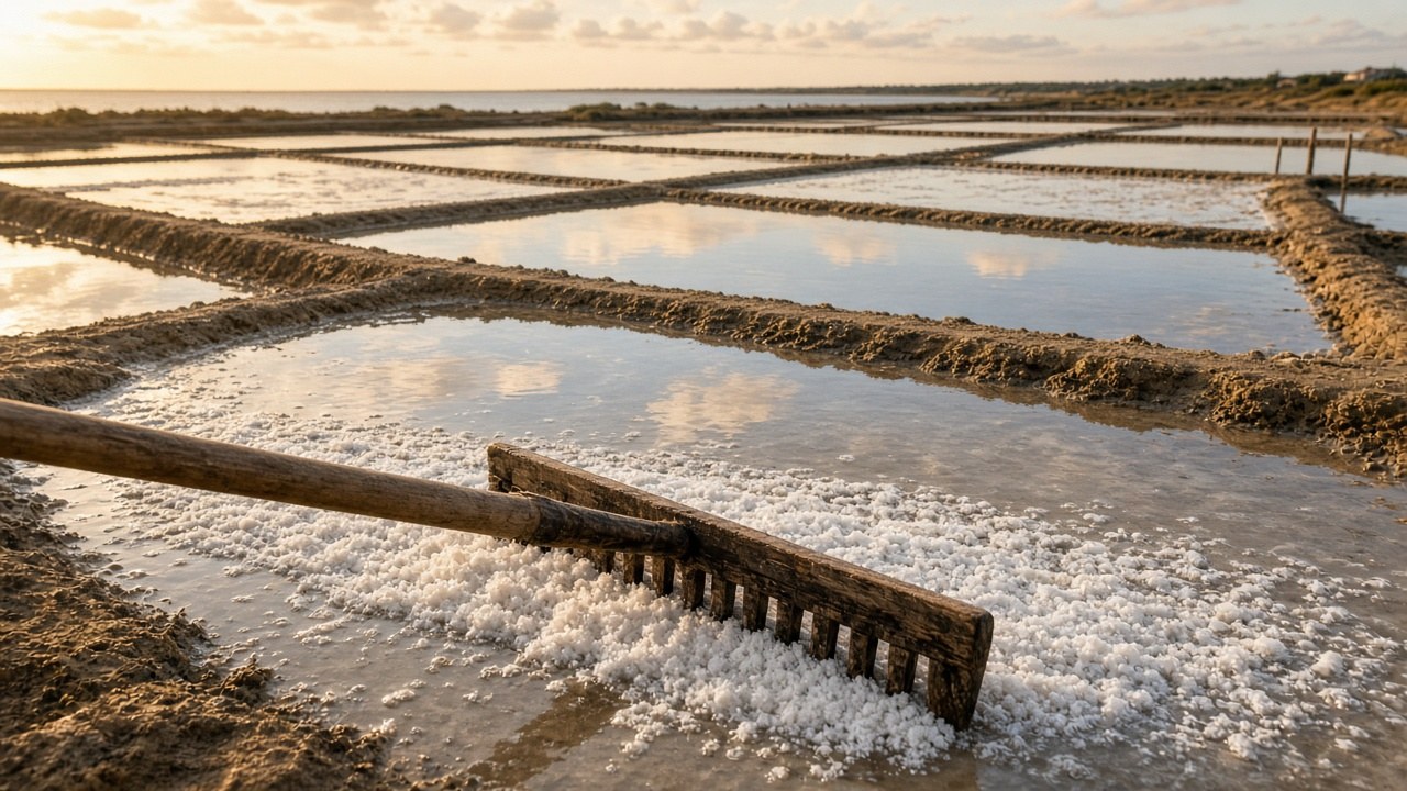 House studio image of a salt harvest, with long raked rows of white salt.