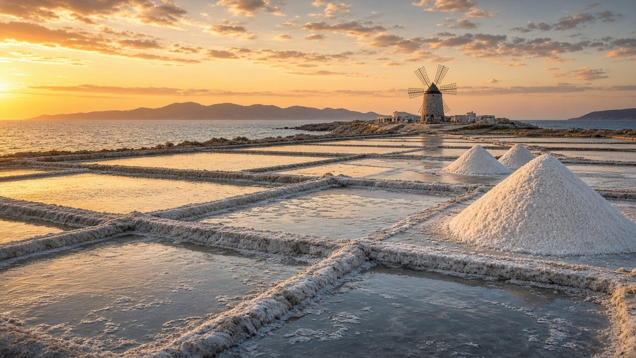 House studio image of salt pans, with white piles of salt and windmills by the sea.